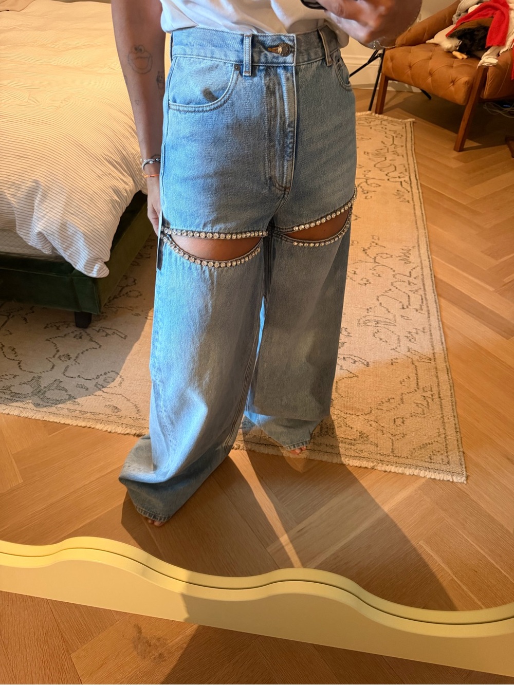 AREA
Cutout Crystal-Embellished High-Rise Wide-Leg Jeans